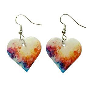 Heart Shaped Resin Dangle Earrings, Multicolor Watercolor Design, Hypoallergenic
